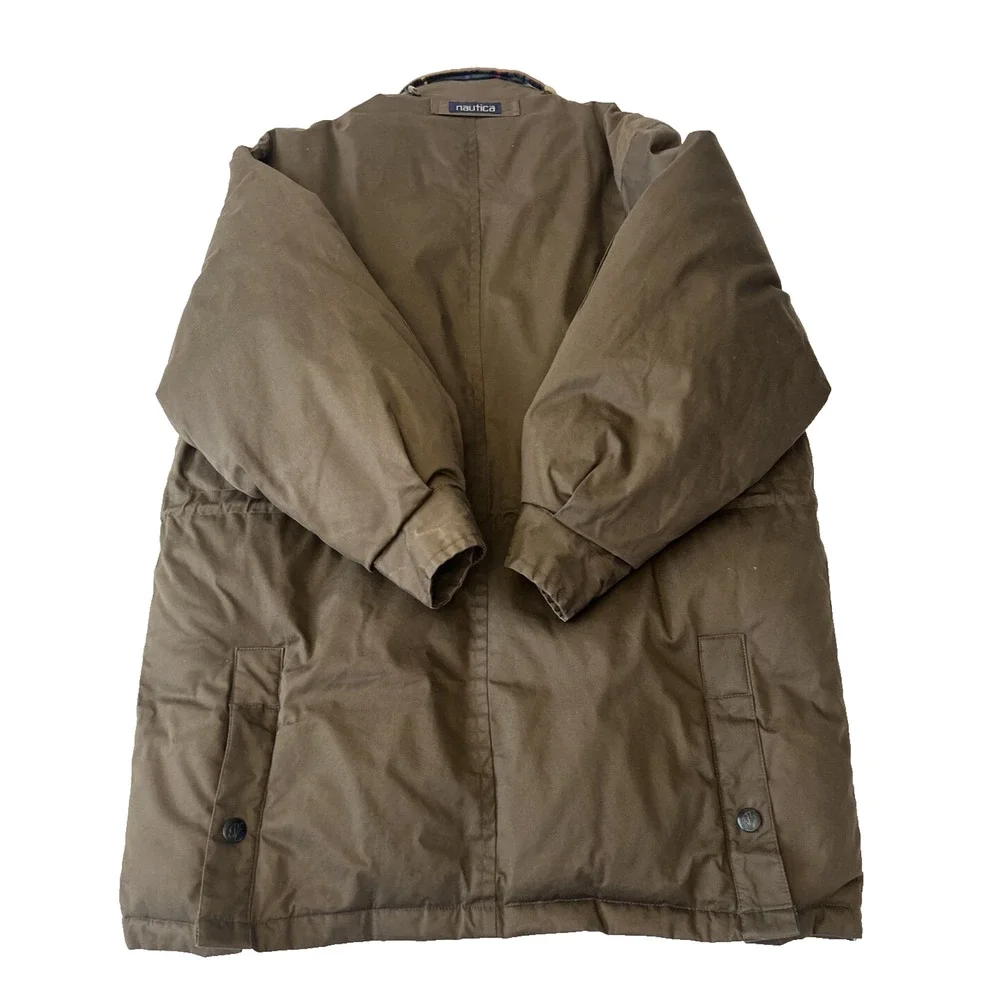 Nautica Down Filled Winter Coat Men's Brown Size M Leather Collar NO HOOD
